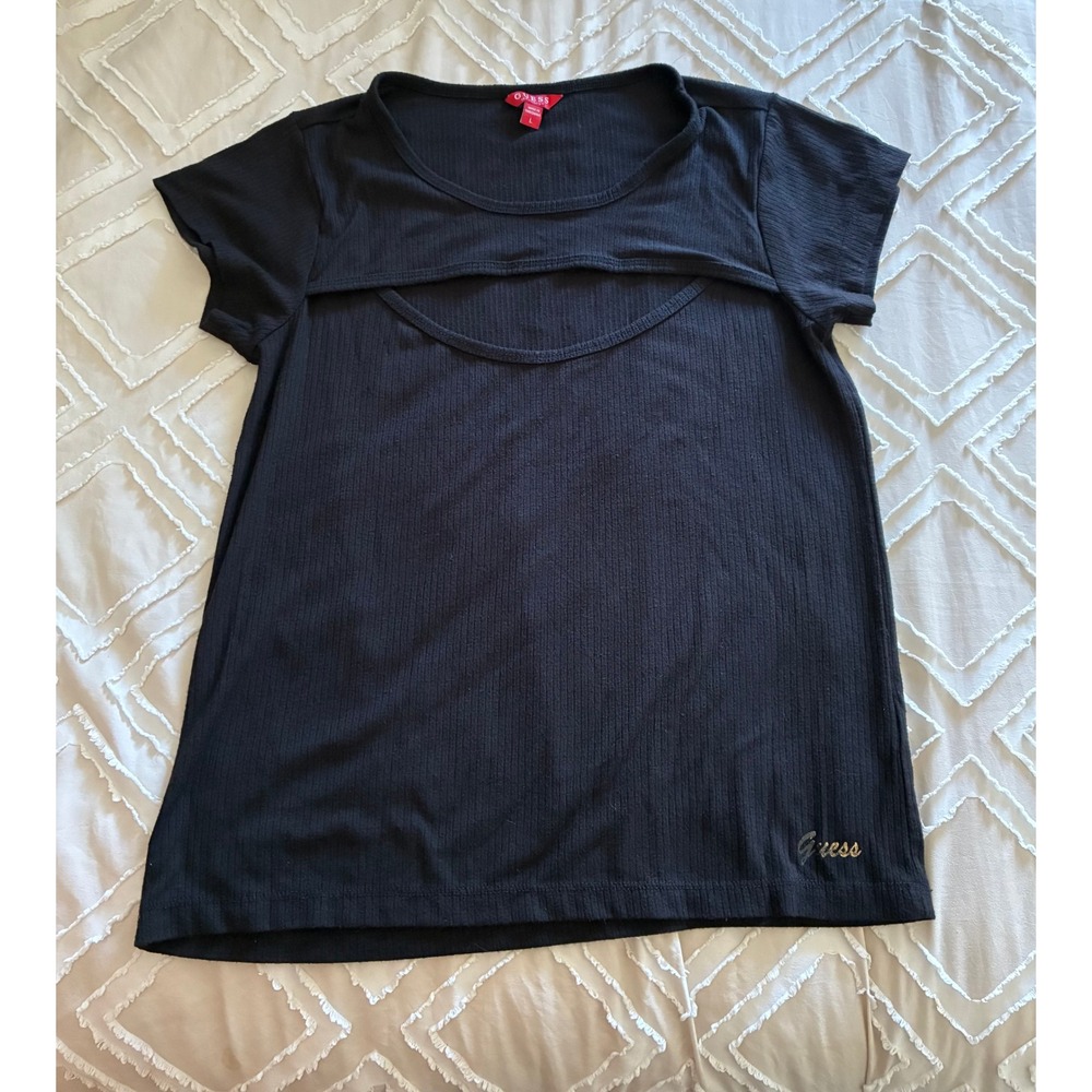 Guess Los Angeles Womens Black Ribbed Cutout Short Sleeve Top Size L